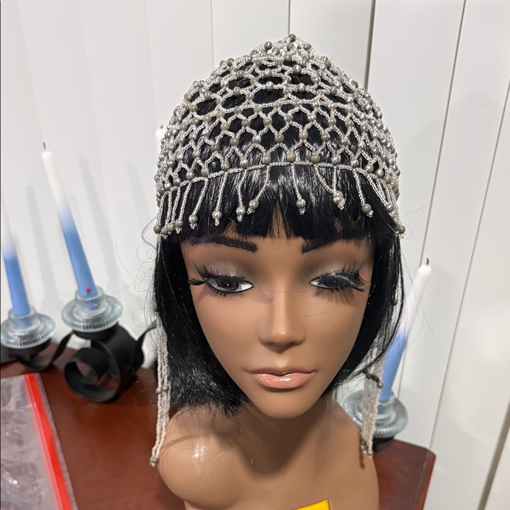 Beaded Silver Mesh Flapper Headpiece